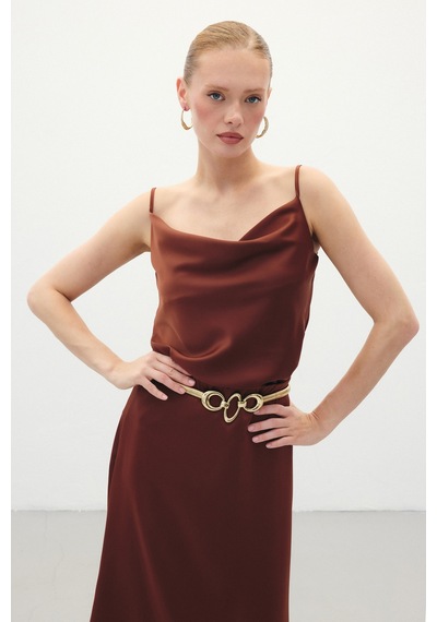 Sateen Degaje Yaka Saten Bluz - Kahve