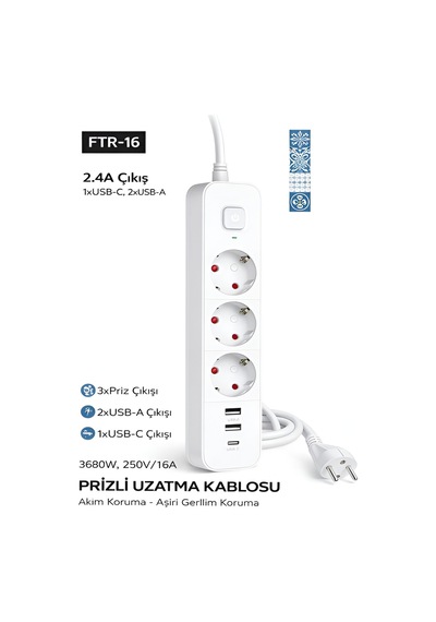 Ftr/16 3680w 16a 3 Priz, 2 Usb, 1 Type-c, 1.8 Metre Akım Korumalı