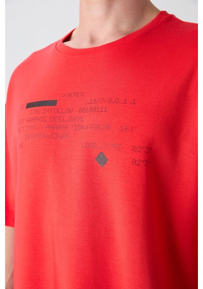 Tommy Life Fiesta Pamuklu Kalın Yumuşak Dokulu Oversize Fit Baskılı Erkek T-shirt - 88326 Kirmizi