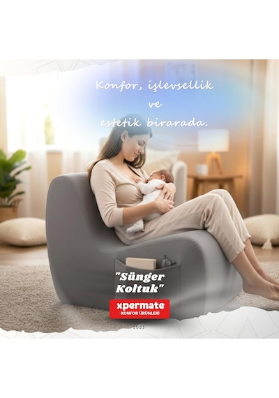 Xpermate Sünger Koltuk Tekli Yer Koltuğu İskeletsiz Taşınabilir Armut Koltuk Salon Çocuk Odası Balkon Gri Genel