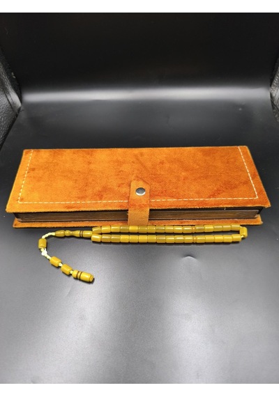 Usta İmzalı Osmanlı Benzetme Sıkma Kehribar Tesbih Muhammed Dabbas, Hardal Sarısı, 9x7 Mm Gümüş