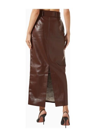 Rowen Rose Belted Maxi Skirt, Lüks Eco Leather Kuşaklı Şık Maxi Etek Kahverengi