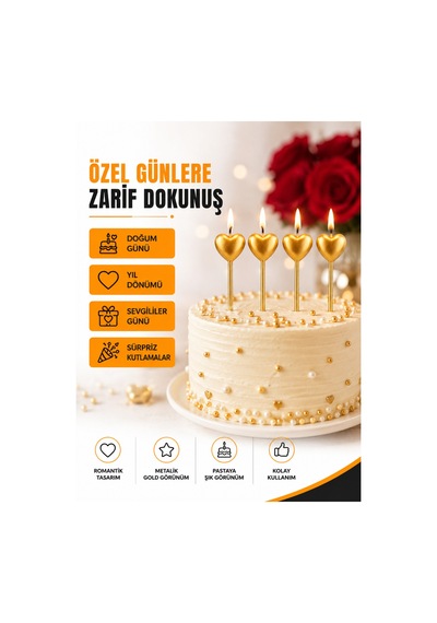 4'lü Gold Kalpli Doğum Günü Mumu 14 Cm Metalik Kalp Pasta Mumu Dekoratif Kutlama Mumu