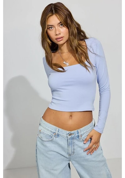 Seeh Mavi Kare Yaka Uzun Kollu Kadın Body Sh206