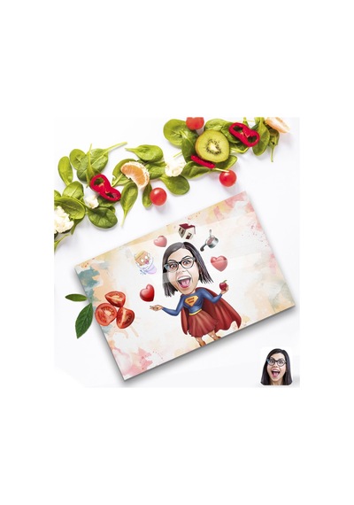 Kişiye Özel Süper Anne Karikatürlü Cam Kesme Ve Sunum Tablası 20X