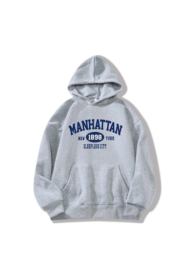Manhattan Sweatshirt - Gri Baskılı Oversize Kapüşonlu Gri