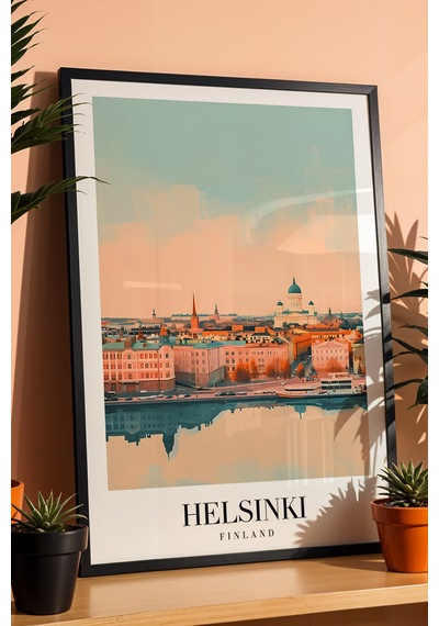 Helsinki Finland Vintage Seyahat Posteri Çerçeveli Tablo - Premium İskandinav Elit Duvar Dekoru Siyah
