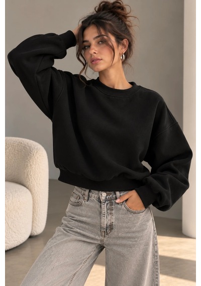 Bbbutikbasic 3 İplik Şardonlu Kısa Sweatshirt Bisiklet Yaka Kadın 3 İplik Şardonlu My3535 siyah