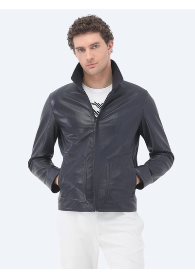 Kip Lacivert Regular Fit Bebe Yaka Smart Casual Koyun Derisi Deri Mont