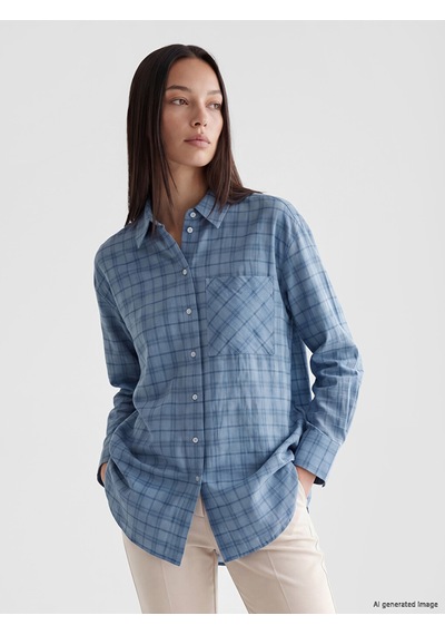 Lcw Modest Mavi Ekose Oversize Kadın Gömlek