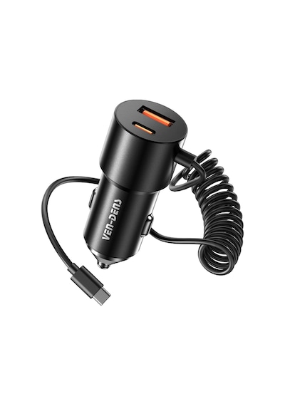 Ven-dens Vd-cc025 60 W Hızlı Araç Şarj Cihazı, Type-c Ve Usb Çift Port, Dahili Kablolu, Siyah
