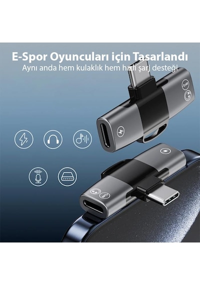 Polham Type C To 2x Type C Girişli Şarj Ve Kulaklık Çoğaltıcı Adaptörü, 30w Şarj Destekli Çoğaltıcı