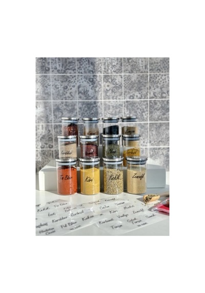 12 Li Etiketli 250ml Metal Vakumlu Kapaklı Borosilikat Cam Baharatlık Saklama Kabı Set Diğer
