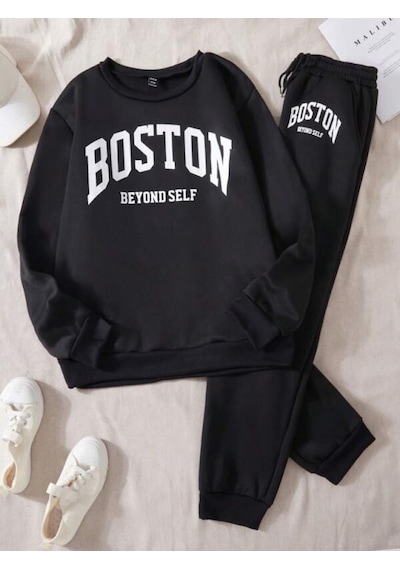 Siyah Boston 1980 Baskılı Kapüşonlu Sweatshirt Ve Eşofman Altı Eşofman Takımı Siyah