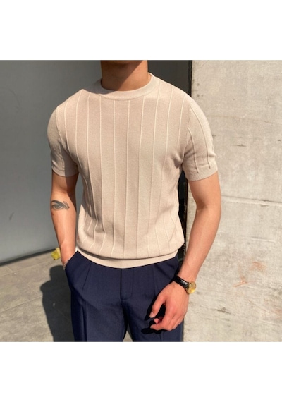 Erkek Yuvarlak Yaka Örme T-shirt Vizon - Lacivert