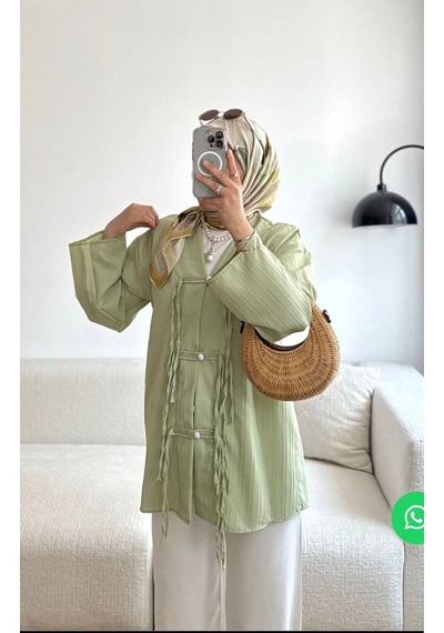 By Nursel Çiçek Kadın Premium Kruvaze Yaka Dügme Detaylı Tunik-kimono Yeşil