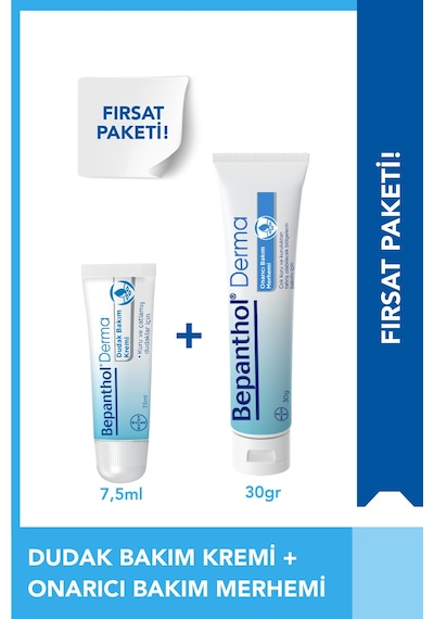 Bepanthol Derma Onarıcı Bakım Merhemi 30 G + Dudak Bakım Kremi 7.5 ML Avantajlı Günlük Bakım Seti