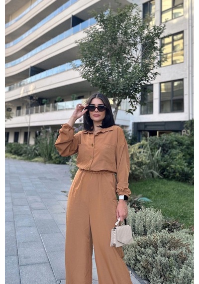 Kadın Taba Uzun Kol, Gömlek Yaka, Beli Lastikli, 4 Cepli, Bilekleri Lastikli, Salaş Tulum Kahve