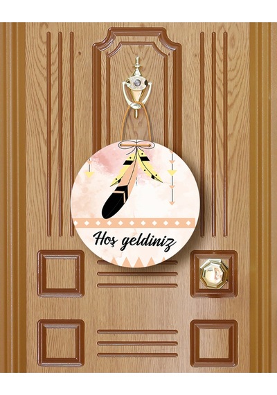 Evimize Neşe Getirdiniz" Yazılı Mdf Kapı Süsü 22.5 Cm Dekoratif Halat Askılı Giriş Dekoru Bej