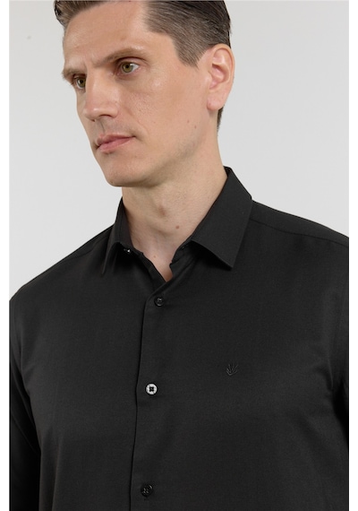 İmza Siyah Sert Yaka Uzun Kol Cepsiz Slim Fit Pamuklu Gömlek 1004255284