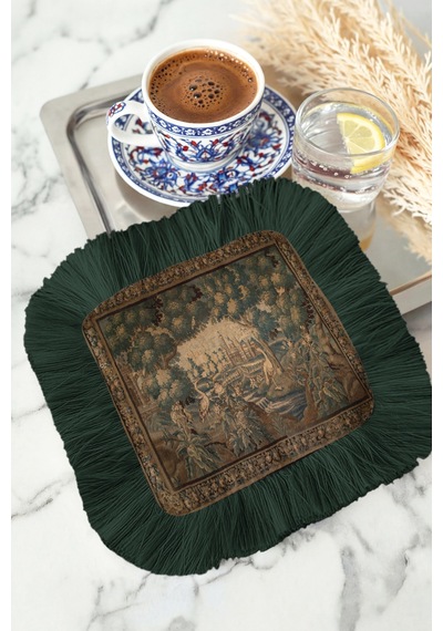 Zarif Antik Saray Bahçesi Püsküllü Sunum Peçetesi - Vintage Klasik Yeşil Bardak Altlığı Mendil Çok Renkli