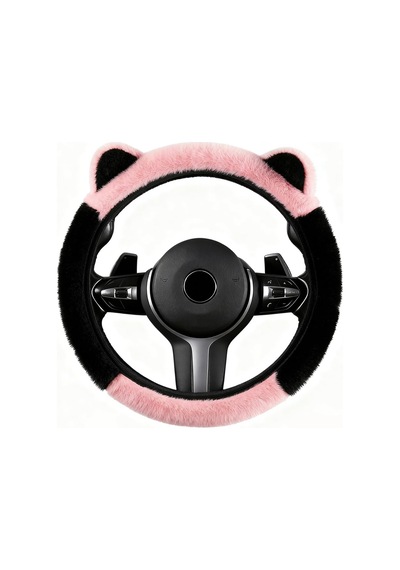 Kulaklı Pembe Peluş Direksiyon Kılıfı Kadınlara Özel Tüylü Direksiyon Kılıfı