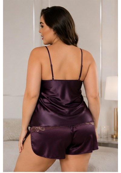 Loule Büyük Beden Mürdüm Dantelli Yırtmaçlı Şortlu Saten Pijama