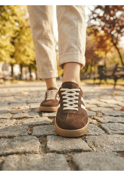 Potinonline 810 Kadın Hakiki Deri Süet Yanı Çizgili Sneaker Ayakkabı Kahve