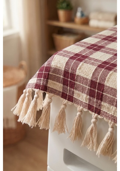Bordo Vintage Püsküllü Çamaşır Makinesi Örtüsü - Çeyizlik Buldan Bezi Dekoratif Banyo Makine Kılıfı