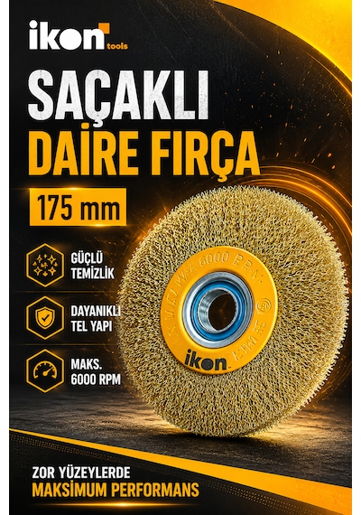 İkon Tools Saçaklı Daire Fırça 175 Mm Tel Fırça Pas Kir Boya Temizleme Metal Yüzey Fırçası