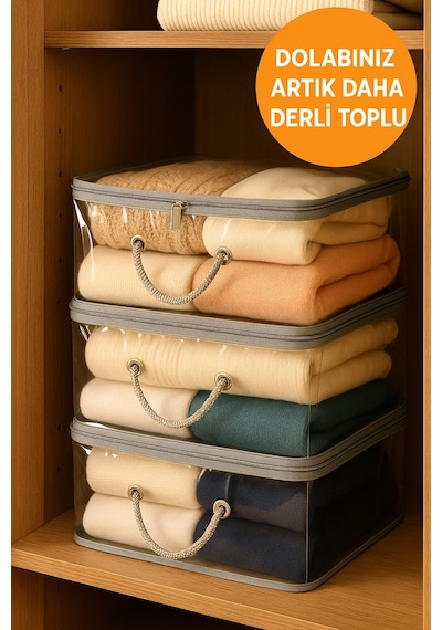 Mor Şeffaf Kapaklı Hurç 28x32x15 Cm Orta Boy Dolap İçi Kıyafet Ve Havlu Düzenleyici Gri