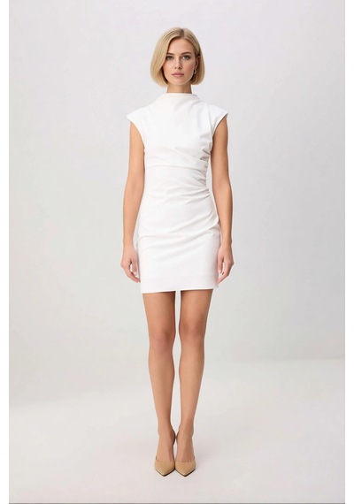 Benerly Kadın Kolsuz Dik Yaka Bodycon Mini Elbise Esnek Dokuma Astarsız K Ekru