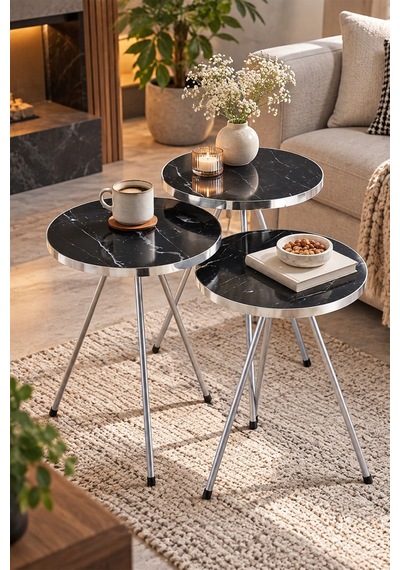 Sulorahome Gümüş Metal Ayaklı Siyah Mermer Desenli 3'lü Zigon Sehpa Takımı