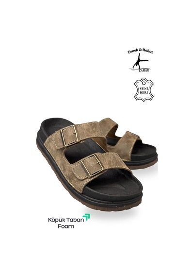 Sermoda Çift Toka Ayarlanabilir Genişlik Köpük Taban Rahat Deri Erkek Terlik Vizon