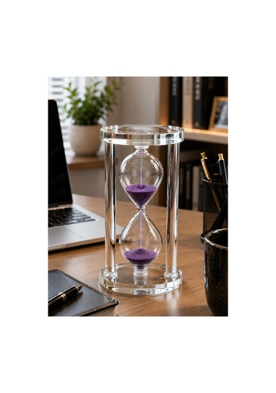 Modern Ofis Masa Üstü Biblosu Cam Kum Saati 10 Dakikalık Zamanlı Mor Kum Dekoratif Hediye 14.5x8 Cm Biblo