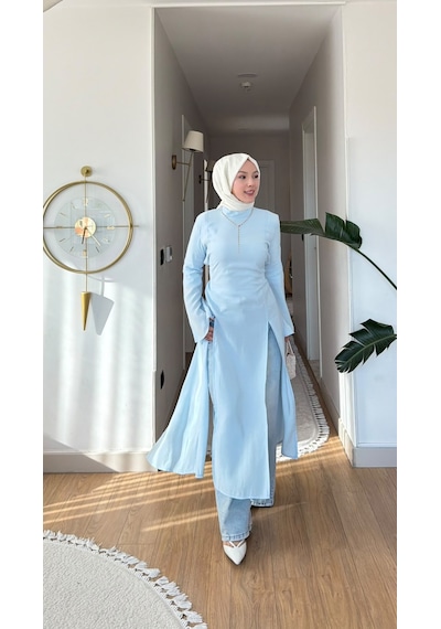 Esra Butik78 İnce Modal Kumaş Parçalı Arkadan Bağlama Detaylı Tunik Kahverengi, Bebe Mavisi & Bej 130 Cm Mavi