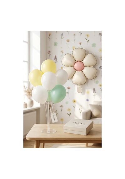 Papatya Mat Krem Retro Balon Stand Seti Şeffaf 7 Li Stand + Papatya Folyo Balon + 7 Lateks Balon
