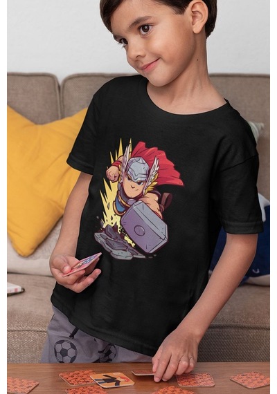 Sevbano Tasarım Thor Avengers Baskılı Unisex Film Kahramanı Çocuk Tişört SIYAH