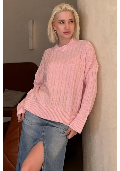 Madmext Pembe Bisiklet Yaka Örgü Desenli Kadın Triko Kazak Mg2520 Pembe