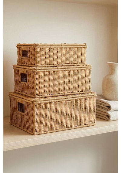 Digithome 3'lü Kapaklı Hasır Rattan Organizer Sepet - Bb6065 Turuncu