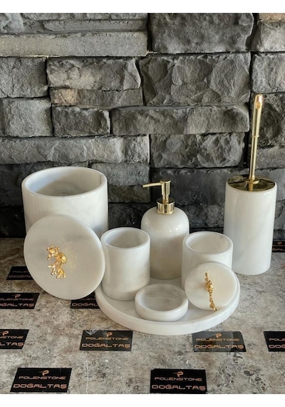 Beyaz Mermer Gold Mercan Aksesuarlı 7'li Banyo Seti Beyaz