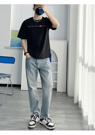 Unisex Boston Tasarım Basklı Tshirt Siyah