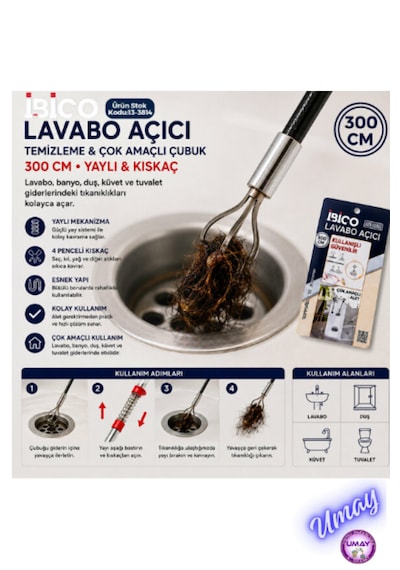 300 Cm 3 Metre Kıskaçlı Gider Açma Aparatı Tıkanmış Lavabo Evye Küvet Gider Borusu Açma Aparatı