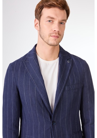 Dufy Lacivert Erkek Regular Fit Çizgili Sivri Yaka Keten Ceket - 104439 Lacivert