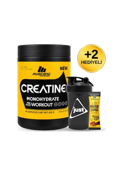 Mustang Nutrition Creatine Monohydrate Kreatin 252 Gr 84 Servis + Shaker + Protein Kahve Hediyeli Aromasız