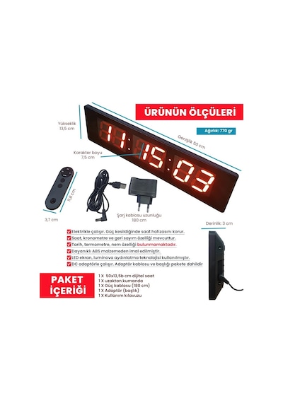 Upway 50x13,5 Kumandalı Büyük Dijital Duvar Saati Kronometre - Geri Sayım Luminova Led Teknolojisi Siyah - Kırmızı