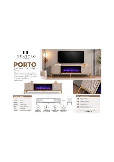 Porto Elektrikli Şömineli Tv Ünitesi 180 Cm Kumsal Bej Gold Metal Ayaklı Modern Tv Sehpası