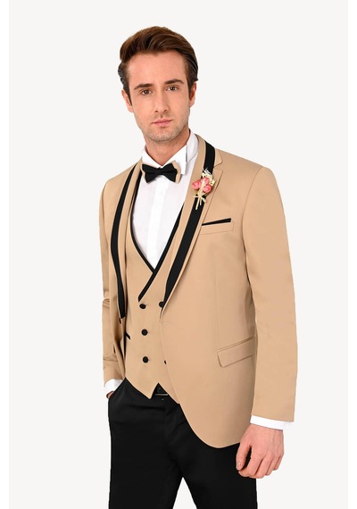 Ysf Erkek Bej Slim Fit Yelekli Şal Yaka Damatlık