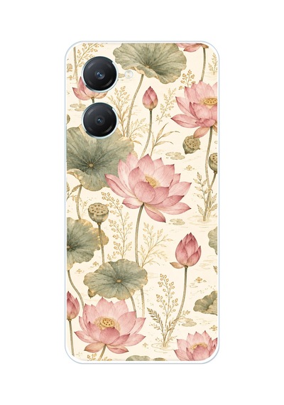 Vivo Y18 Uyumlu Pastel Pembe Lotus Baskılı Silikon Kılıf