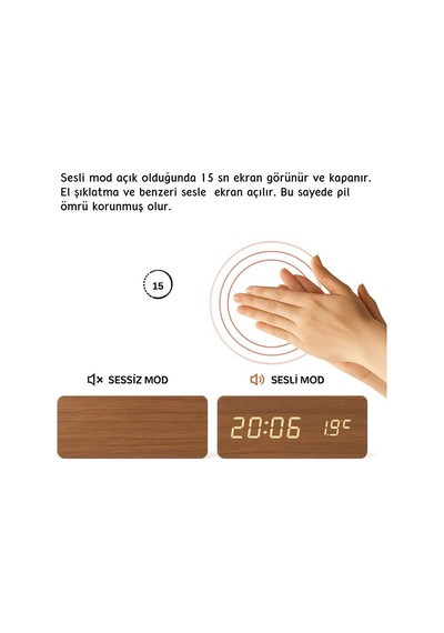Ahşap Led Dijital Masa Saati Sese Duyarlı,sıcaklık&nem Göstergeli,modern Dekoratif Saat Kahverengi